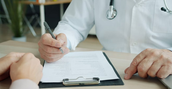 Photo of doctor reviewing paperwork with a patient